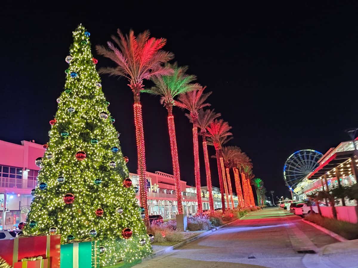 Christmas lights and palm trees at The Wharf in Orange Beach